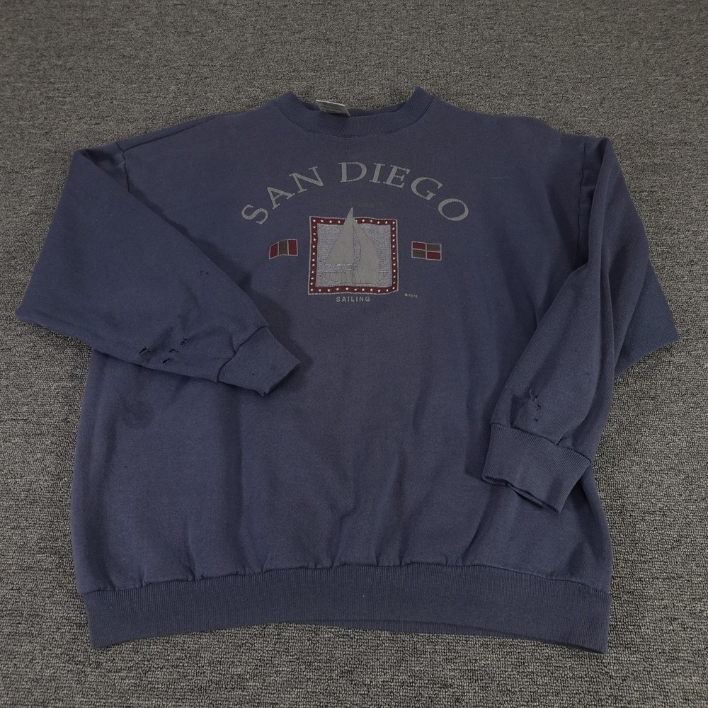 Vintage Tultex Sweatshirt Mens XL Blue San Diego Sailboat Graphic USA Crewneck